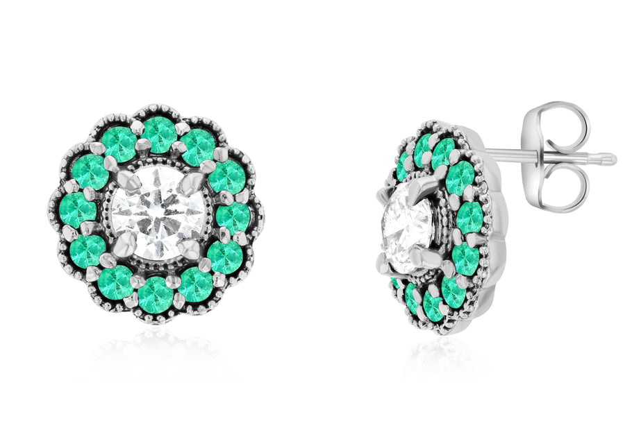 Diamond and Emerald Flower Halo Stud Earrings - The Brothers Jewelry Co.