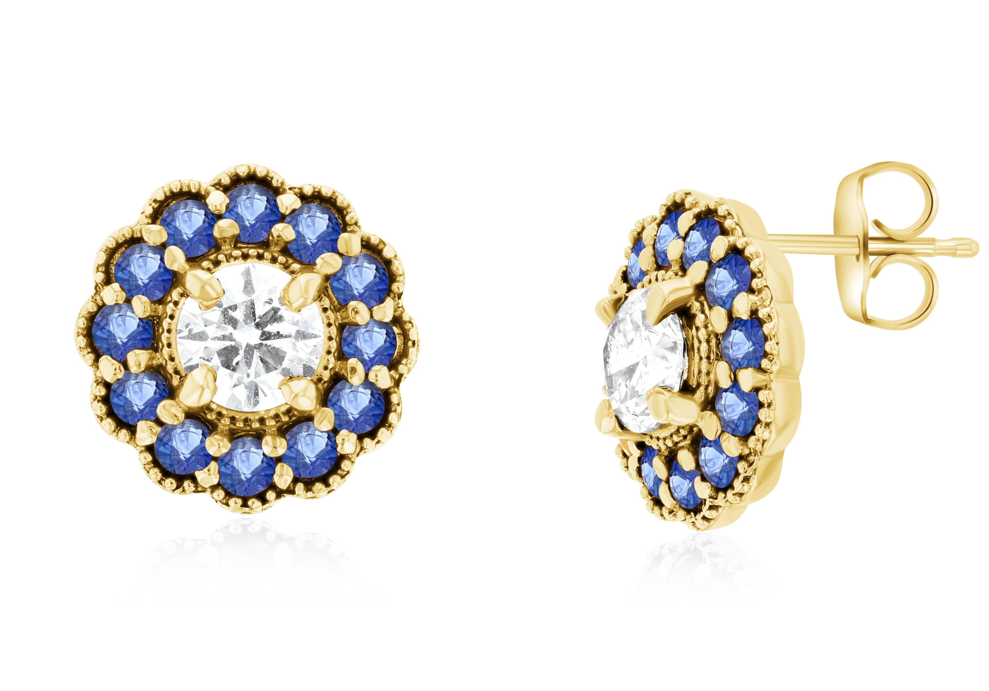 Diamond and Sapphire Flower Halo Stud Earrings - The Brothers Jewelry Co.