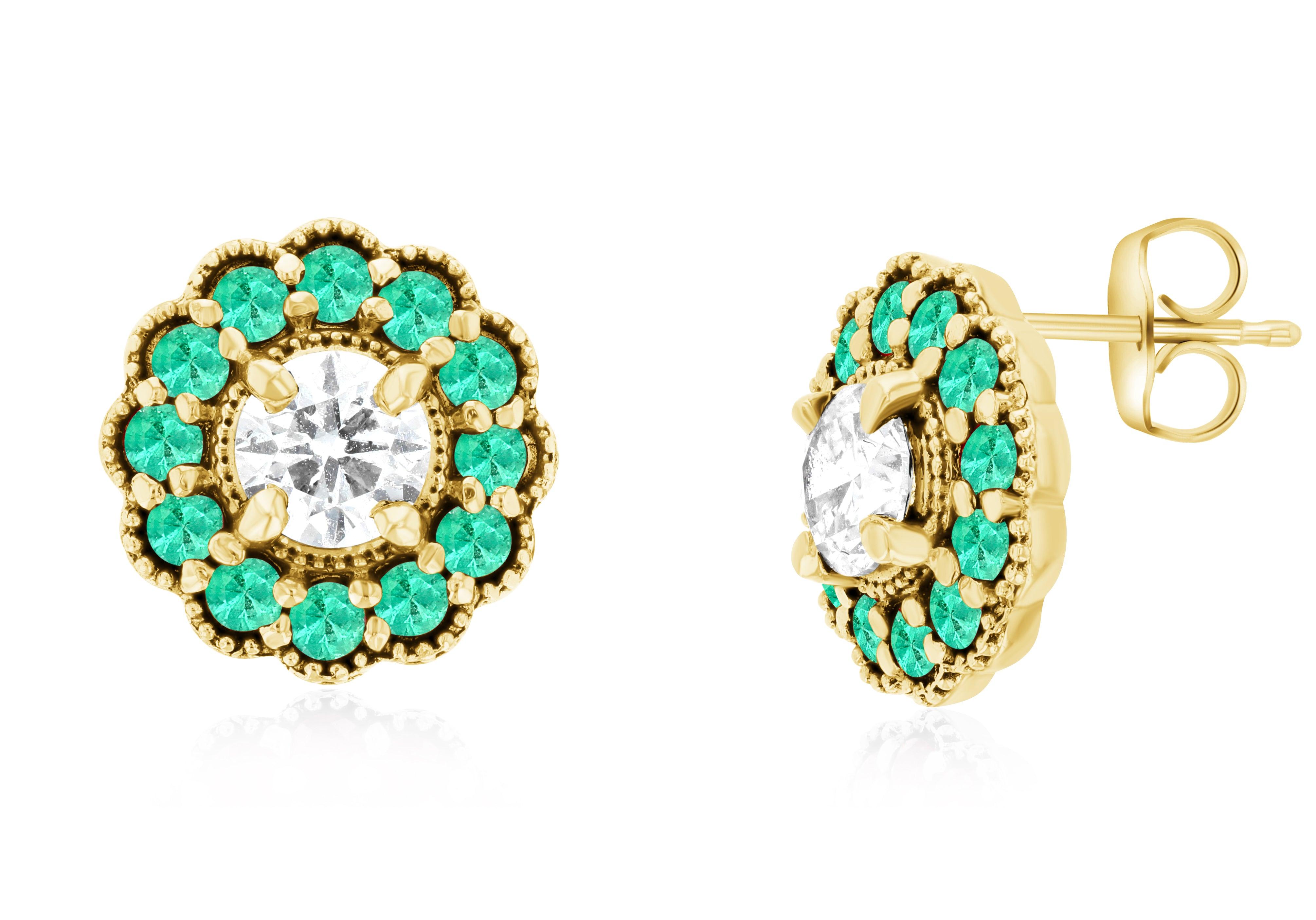 Diamond and Emerald Flower Halo Stud Earrings - The Brothers Jewelry Co.