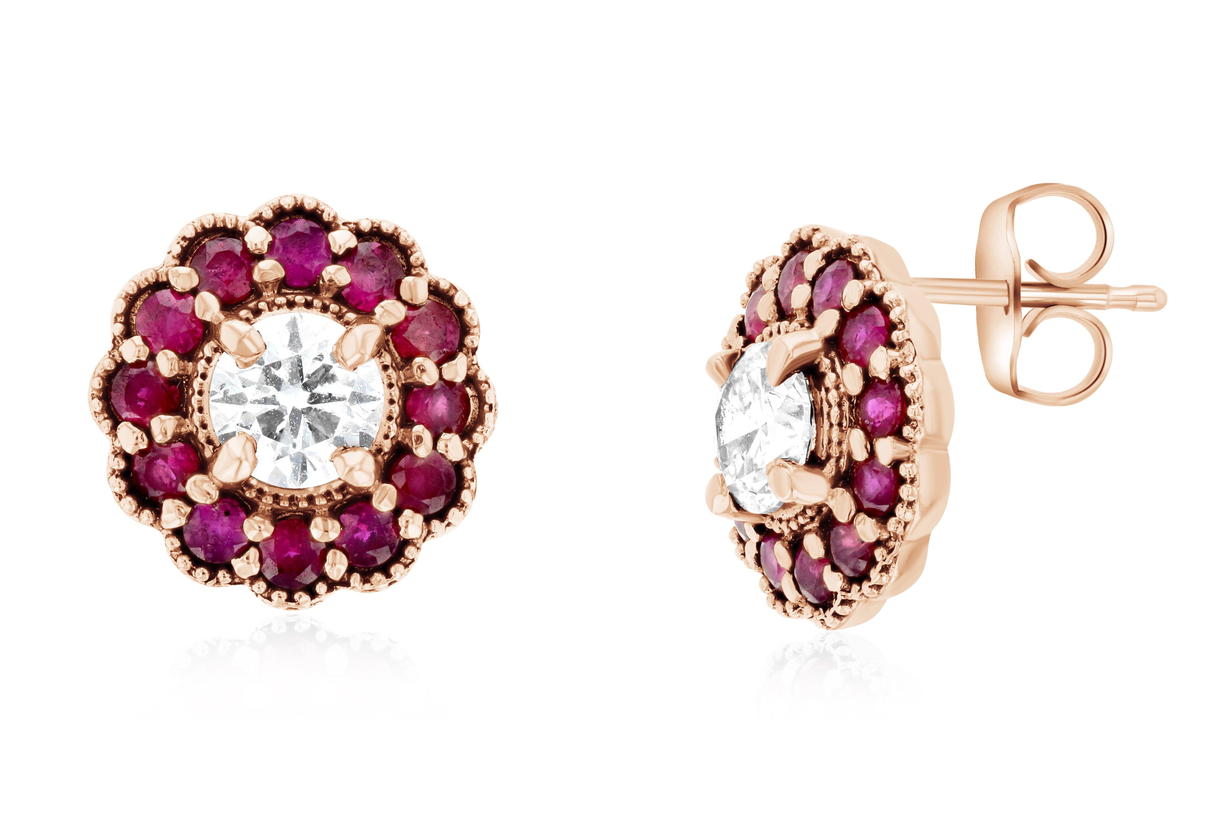 Diamond and Ruby Flower Halo Stud Earrings - The Brothers Jewelry Co.