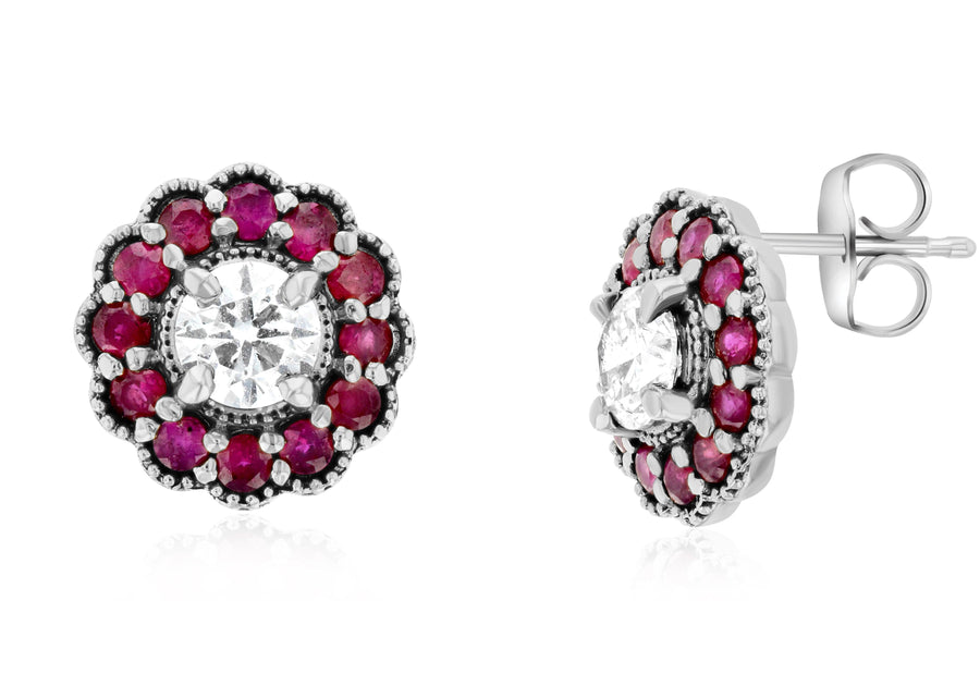 Diamond and Ruby Flower Halo Stud Earrings - The Brothers Jewelry Co.