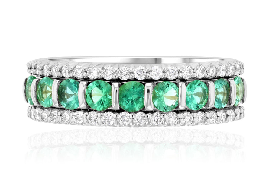 Three-Row Shared Prong Diamond and Emerald Anniversary Ring (1.12 ct. tw.) - The Brothers Jewelry Co.