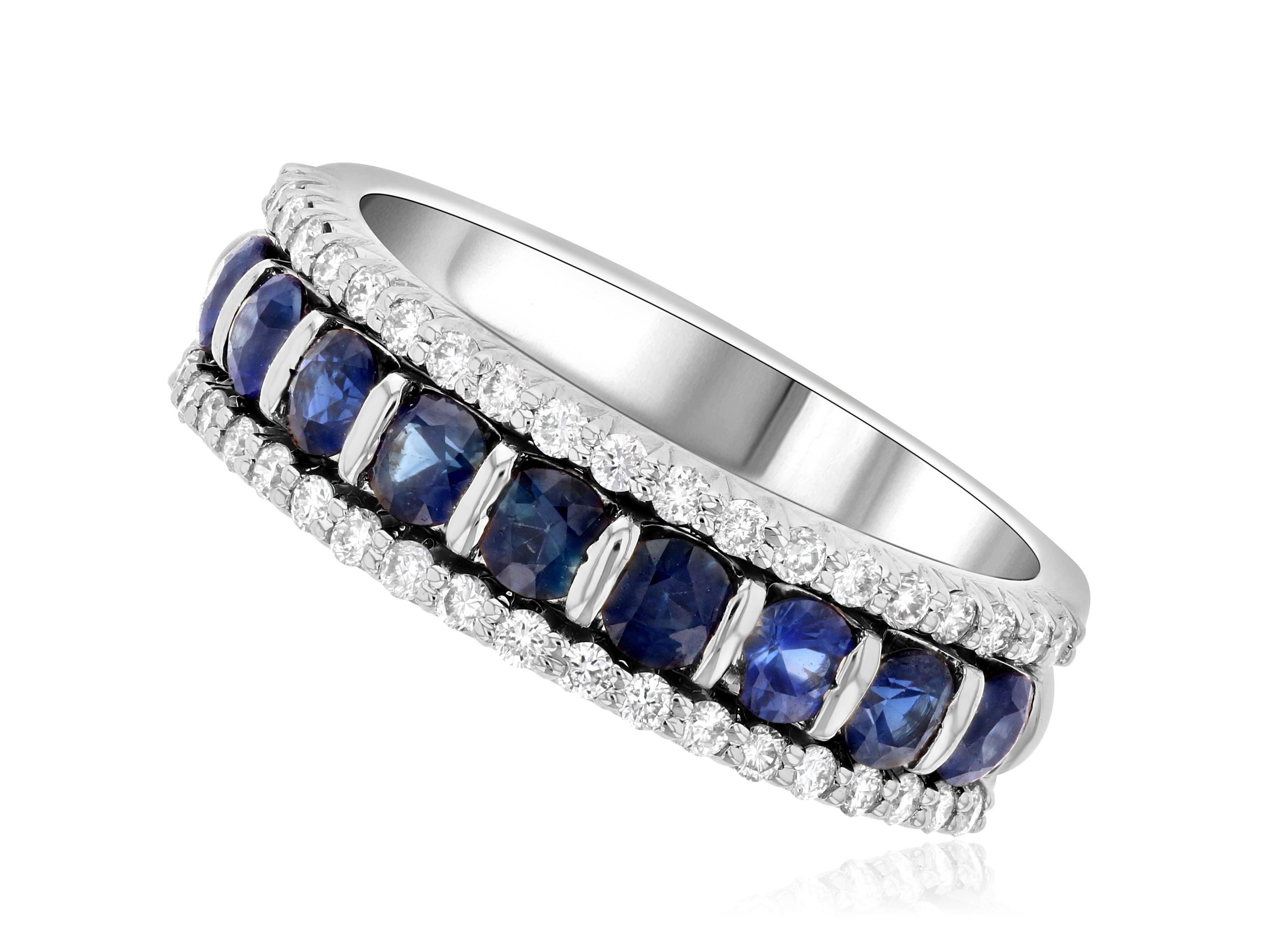 Three-Row Shared Prong Diamond and Sapphire Anniversary Ring (1.37 ct. tw.) - The Brothers Jewelry Co.