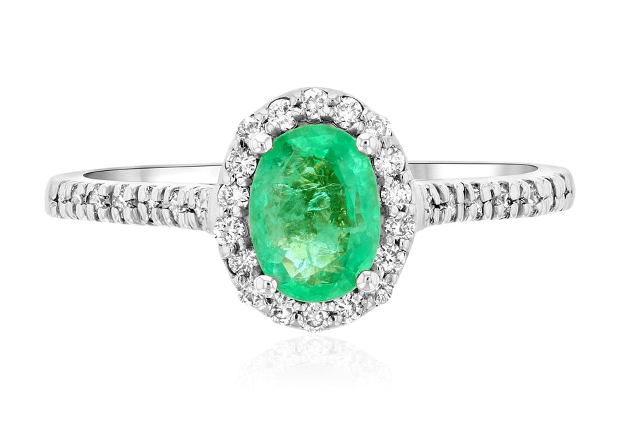 Oval Emerald and Diamond Halo Engagement Ring - The Brothers Jewelry Co.