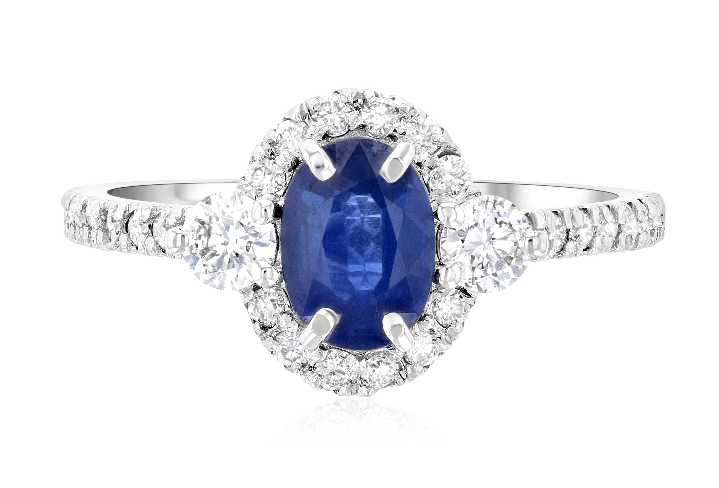 Sapphire Oval Diamond Halo Engagement Ring (1.60 ct. tw.) - The Brothers Jewelry Co.