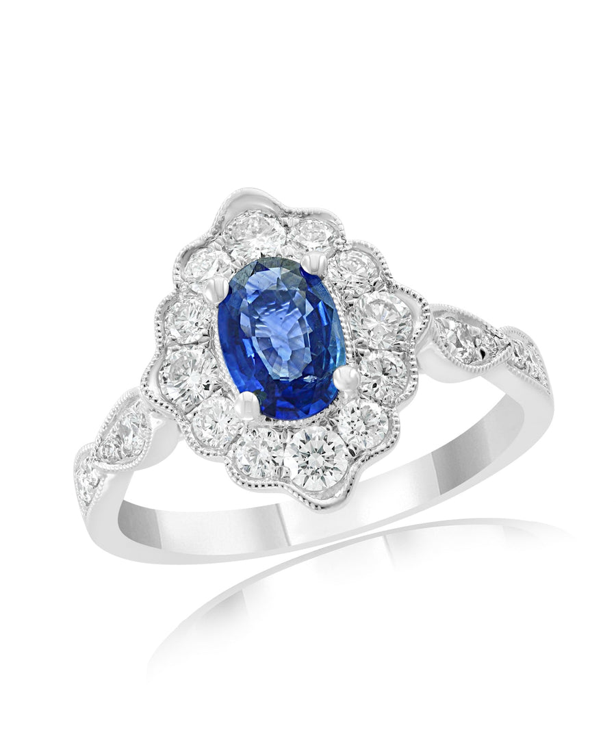 Oval Sapphire and Diamond Halo Ring 18K White Gold R491-WGS