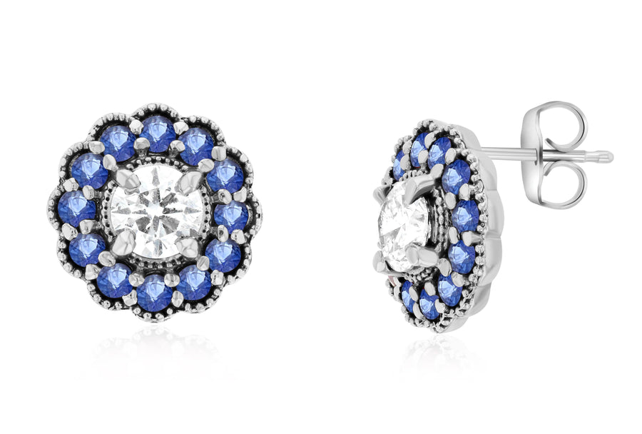 Diamond and Sapphire Flower Halo Stud Earrings - The Brothers Jewelry Co.