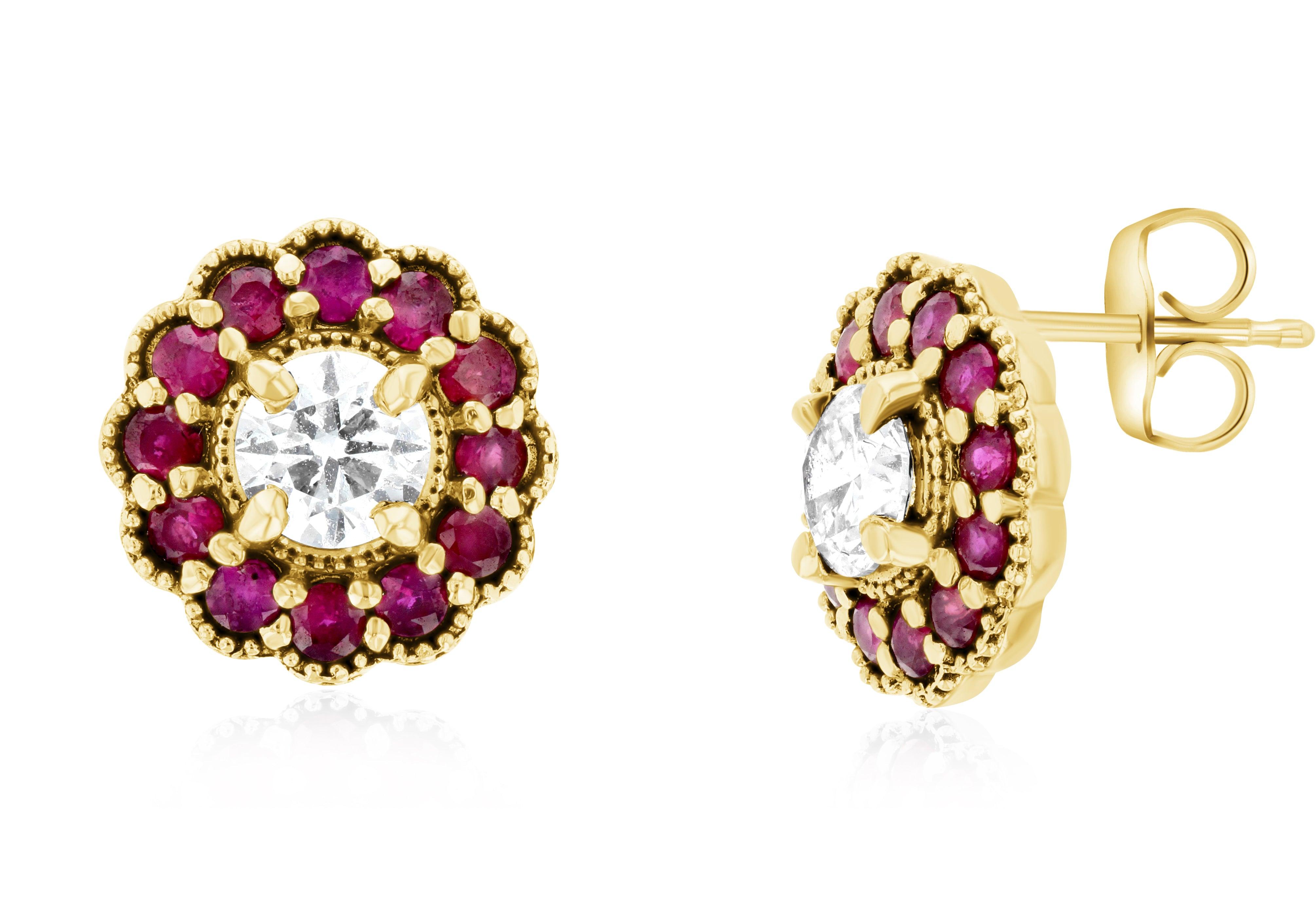Diamond and Ruby Flower Halo Stud Earrings - The Brothers Jewelry Co.