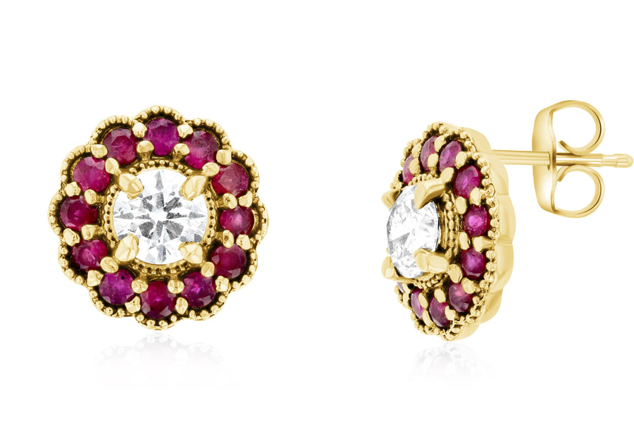 Diamond and Ruby Flower Halo Stud Earrings - The Brothers Jewelry Co.