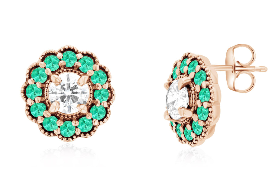 Diamond and Emerald Flower Halo Stud Earrings - The Brothers Jewelry Co.