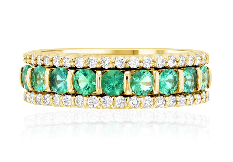 Three-Row Shared Prong Diamond and Emerald Anniversary Ring (1.12 ct. tw.) - The Brothers Jewelry Co.