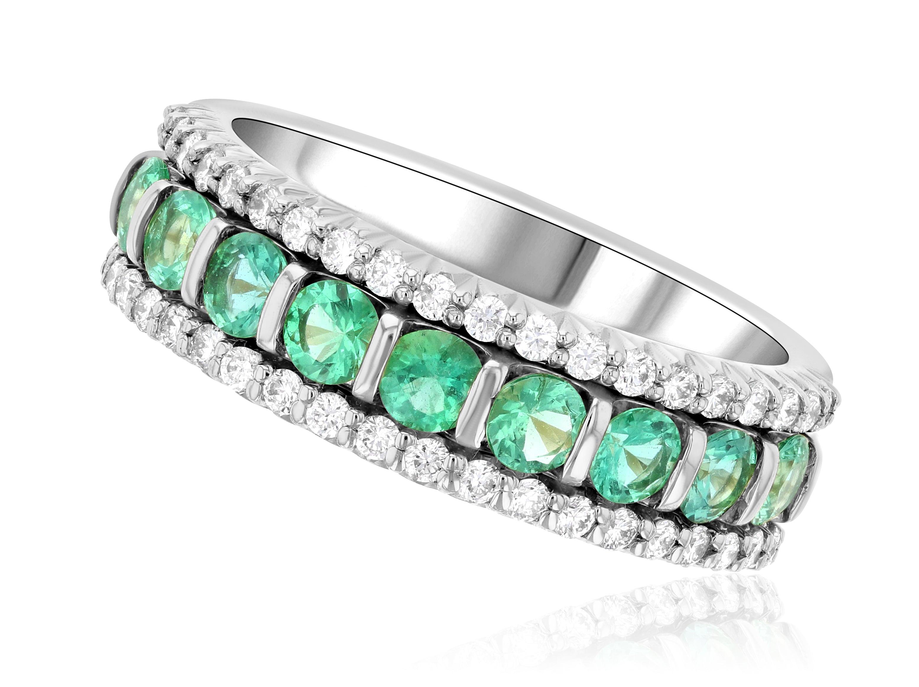 Three-Row Shared Prong Diamond and Emerald Anniversary Ring (1.12 ct. tw.) - The Brothers Jewelry Co.