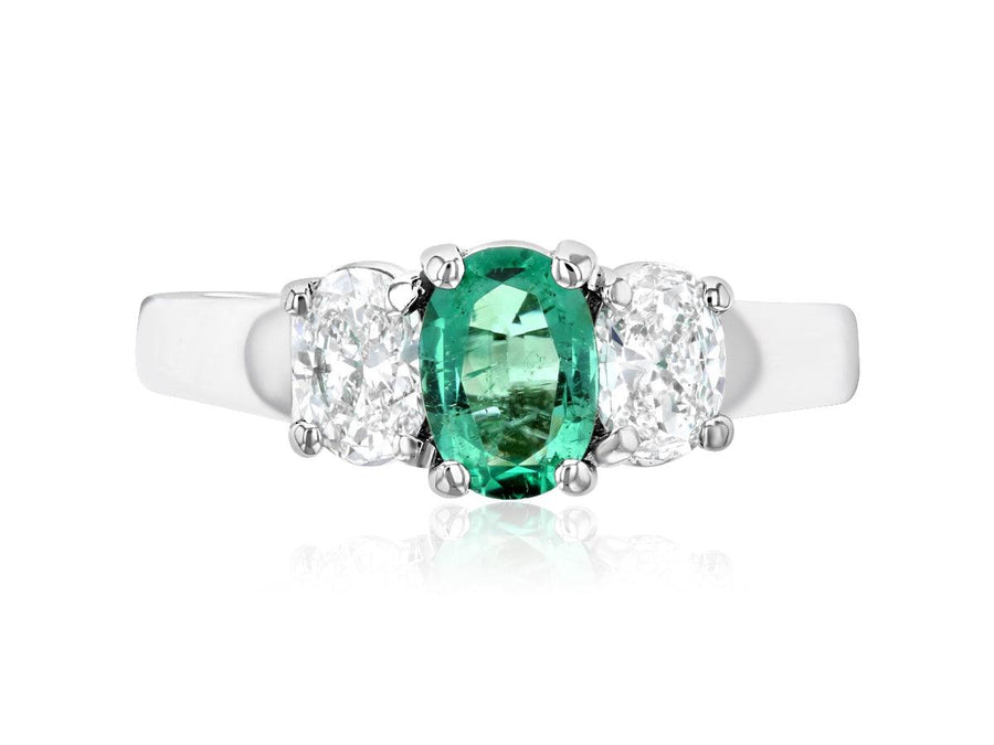 Diamond and Emerald Three-Stone Oval Shared Prong Ring (1.45 ct. tw.) - The Brothers Jewelry Co.
