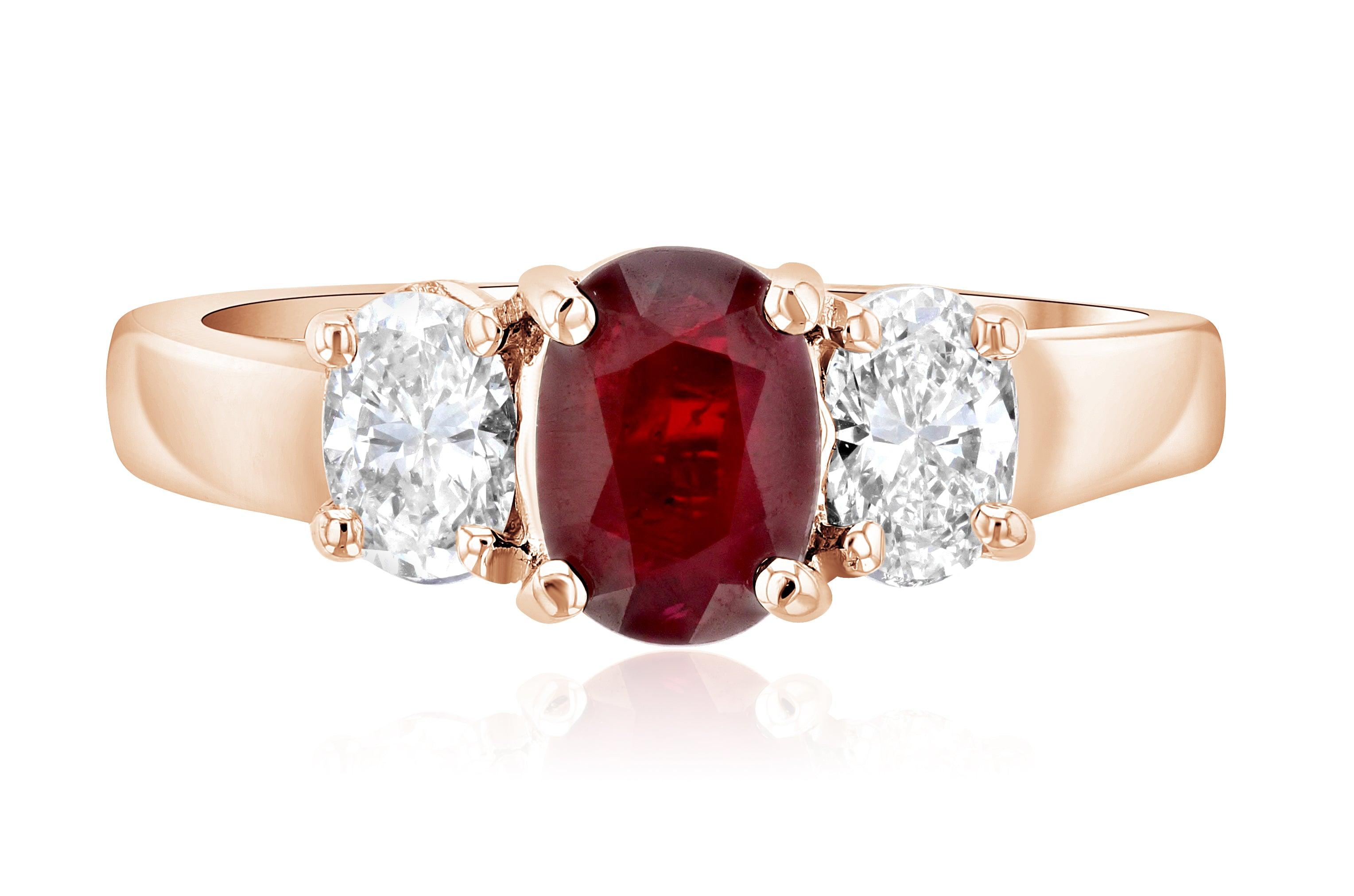 Diamond and Ruby Three-Stone Oval Shared Prong Ring (1.65 ct. tw