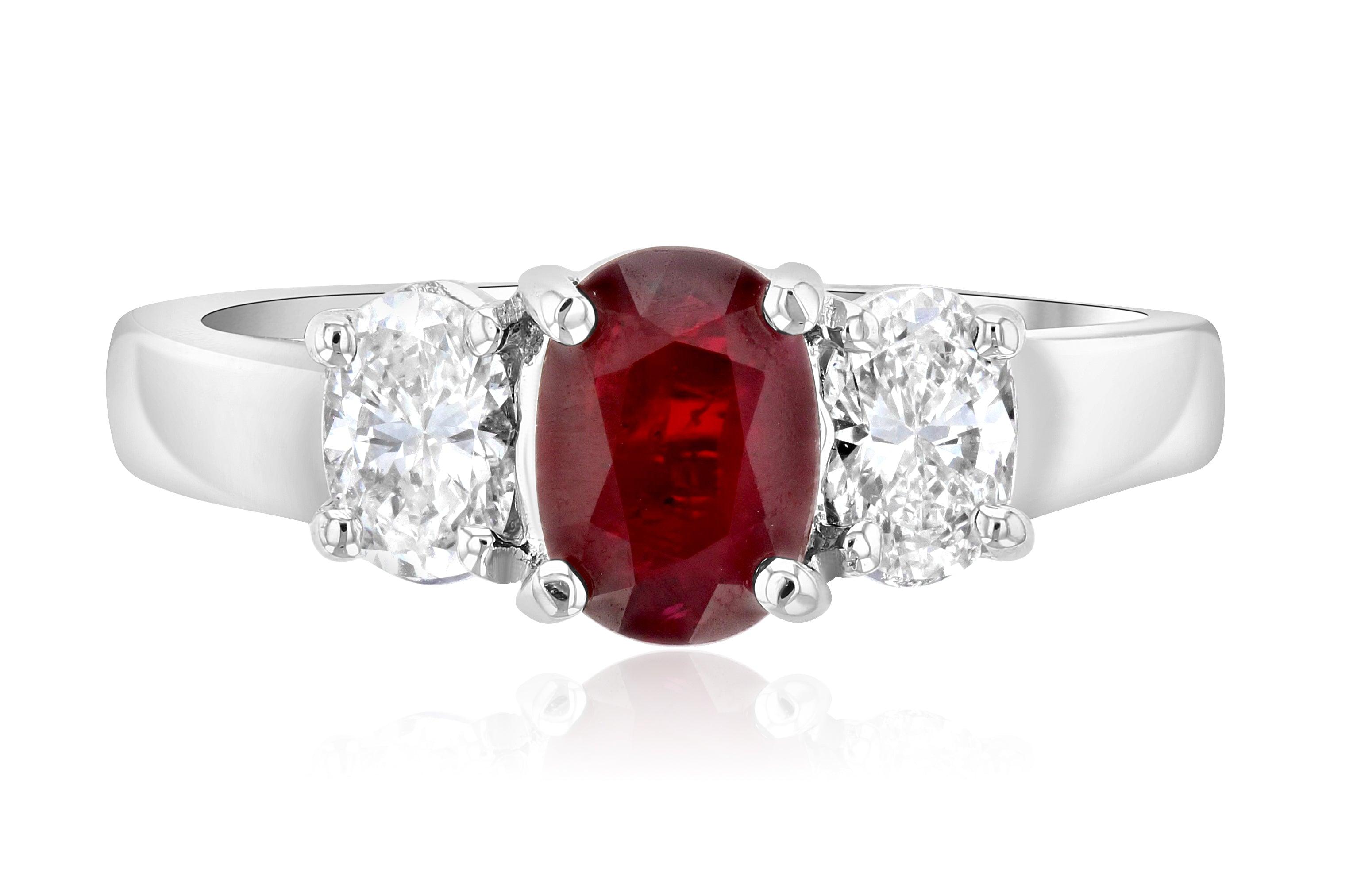 Diamond and Ruby Three-Stone Oval Shared Prong Ring (1.65 ct. tw.) - The Brothers Jewelry Co.